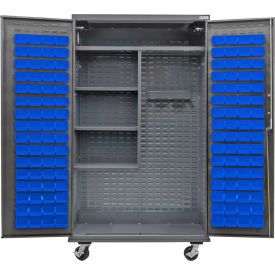 Configurable Mobile Janitorial Cabinet, 48"Wx24"Dx85"H, 4 Shelves, 120 Blue Bins
