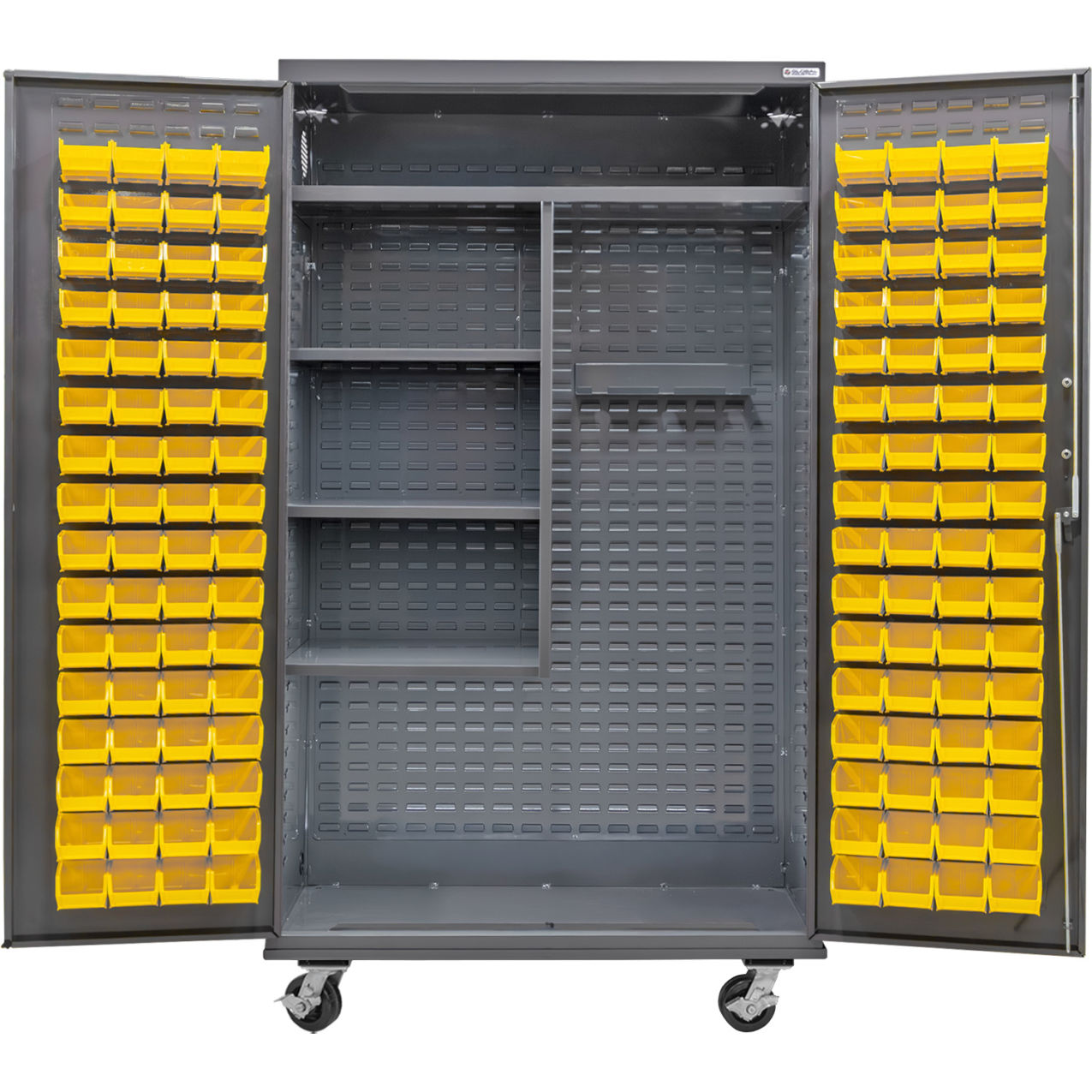 Configurable Mobile Janitorial Cabinet, 48"Wx24"Dx85"H, 4 Shelves, 120 YLW Bins