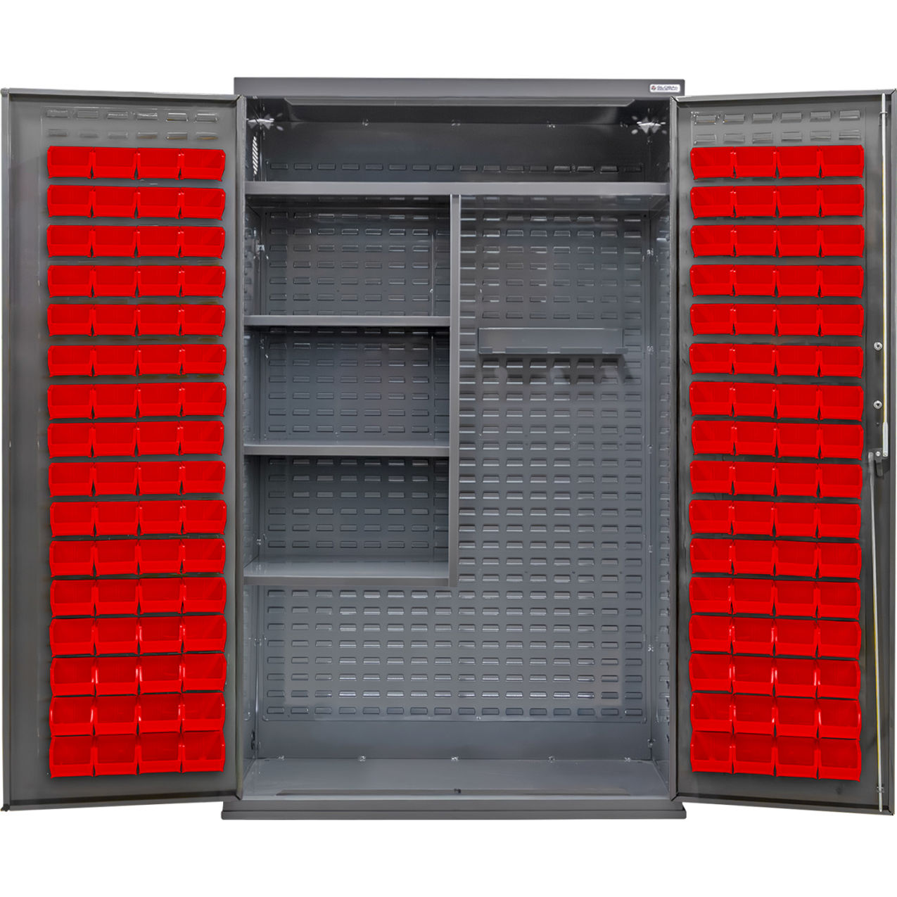 Configurable Janitorial Cabinet, 48"W x 24"D x 78"H, 4 Shelves, 120 Red Bins