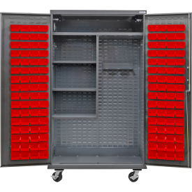 Configurable Mobile Janitorial Charging Cabinet, 48"Wx24"Dx85"H, 120 Red Bins