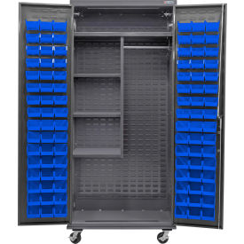 Configurable Mobile Combination Cabinet, 36"Wx24"Dx85"H, 4 Shelves, 96 Blue Bins