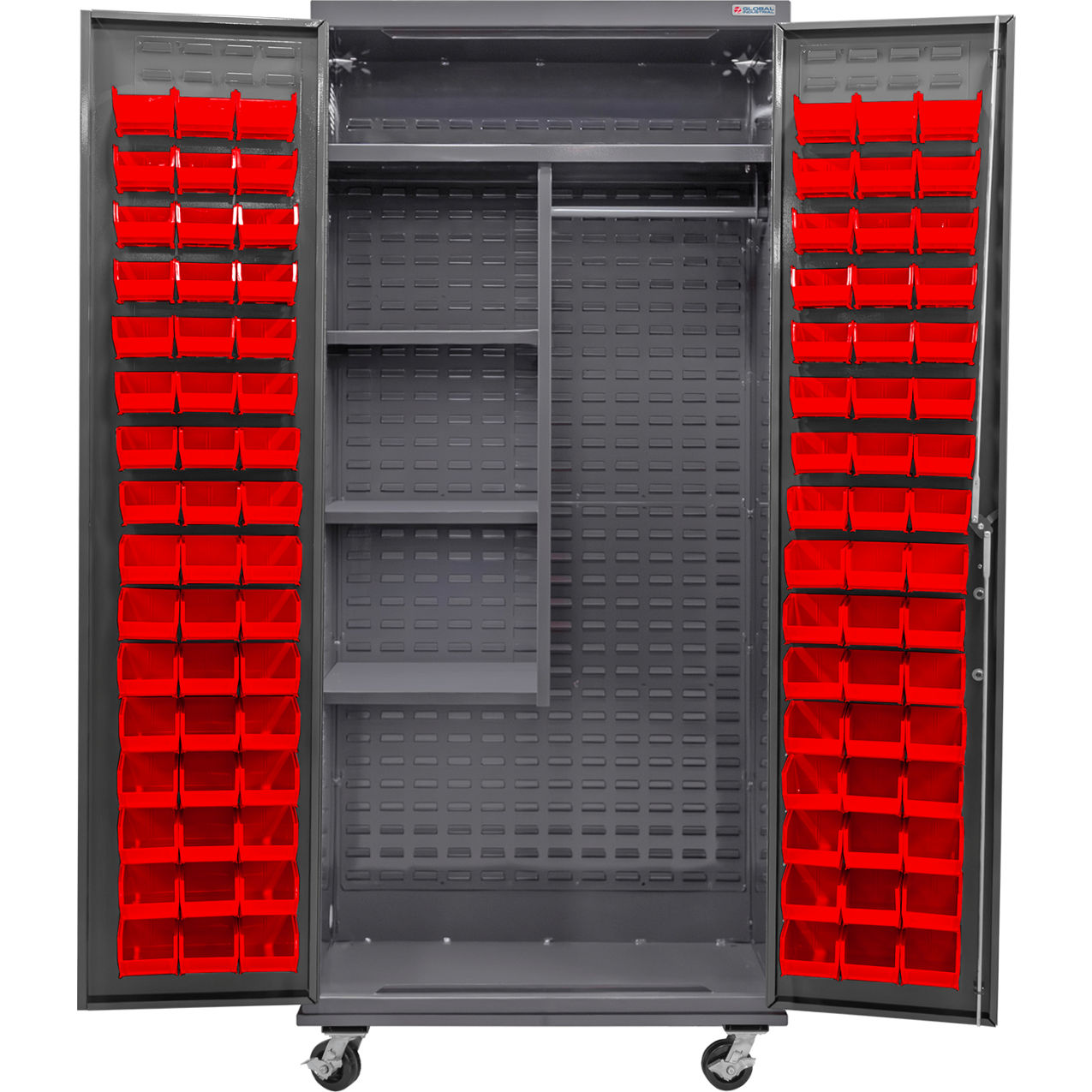 Configurable Mobile Combination Cabinet, 36"Wx24"Dx85"H, 4 Shelves, 96 Red Bins