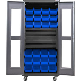 Clear-View Configurable Mobile Bin Cabinet, 36"x24"x85", 4 Drawers, 24 Blue Bins