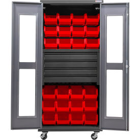 Clear-View Configurable Mobile Bin Cabinet, 36"Wx24"Dx85"H, 24 Red Bins
