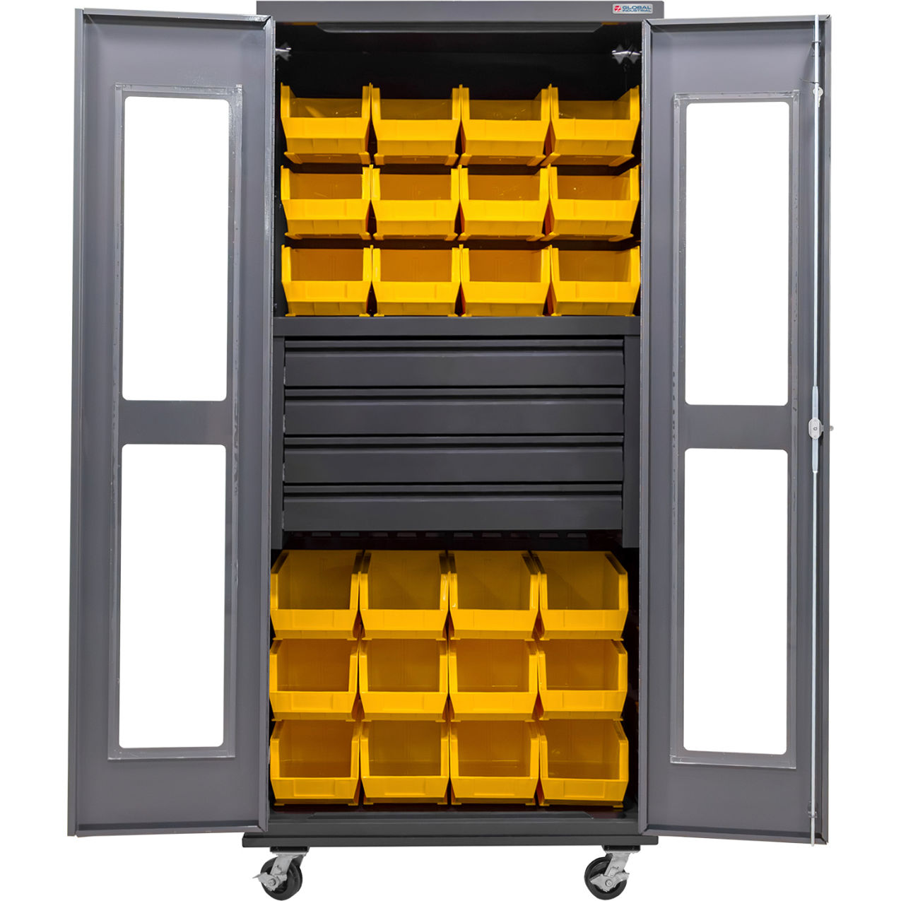 Clear-View Configurable Mobile Bin Cabinet, 36"Wx24"Dx85"H, 24 Yellow Bins