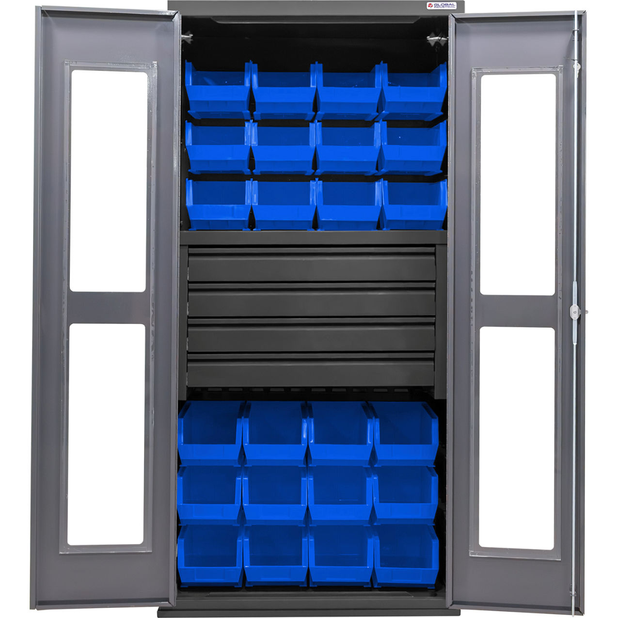 Clear-View Configurable Bin Cabinet, 36"Wx24"Dx78"H, 4 Drawers, 24 Blue Bins