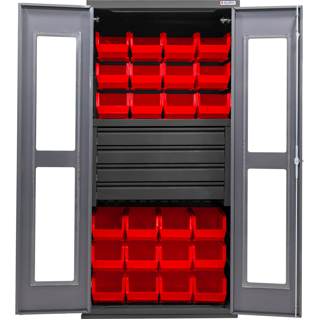 Clear-View Configurable Drawer Cabinet, 36"x24"x78", 4 Drawers, 24 Red Bins