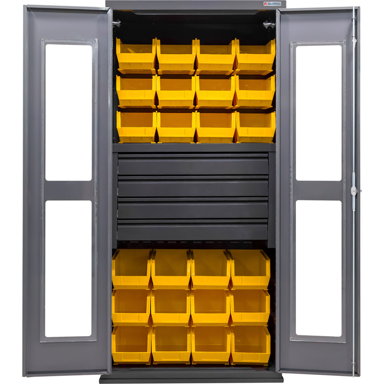 Clear-View Configurable Drawer Cabinet, 36"x24"x78", 4 Drawers, 24 Yellow Bins