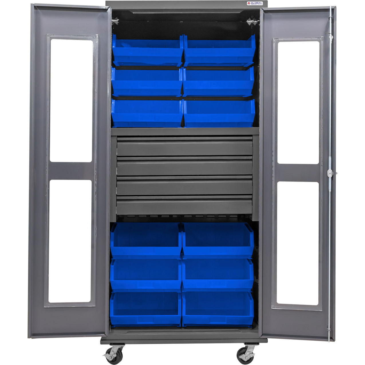 Clear-View Configurable Mobile Bin Cabinet, 36x24x85, 4 Drawers, 12 Blue Bins