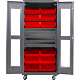 Clear-View Configurable Mobile Bin Cabinet, 36x24x85, 4 Drawers, 12 Red Bins