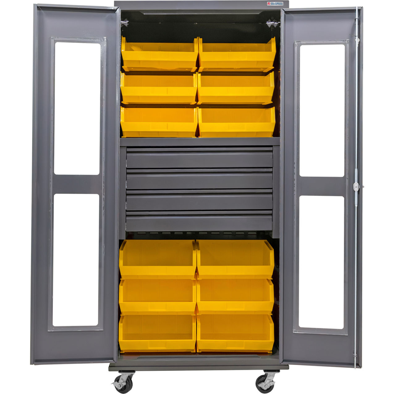 Clear-View Configurable Mobile Bin Cabinet, 36x24x85, 4 Drawers, 12 Yellow Bins
