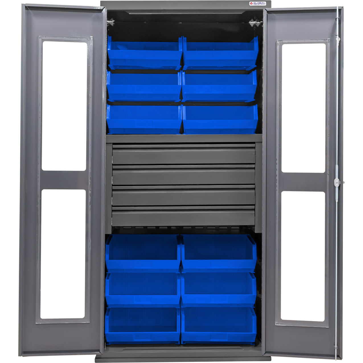 Clear-View Configurable Drawer Cabinet, 36"x24"x78", 4 Drawers, 12 Blue Bins