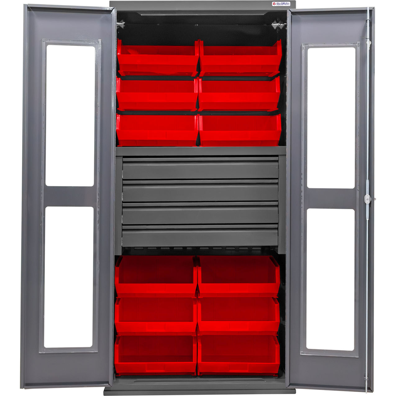 Clear-View Configurable Drawer Cabinet, 36"Wx24"Dx78"H, 4 Drawers, 12 Red Bins