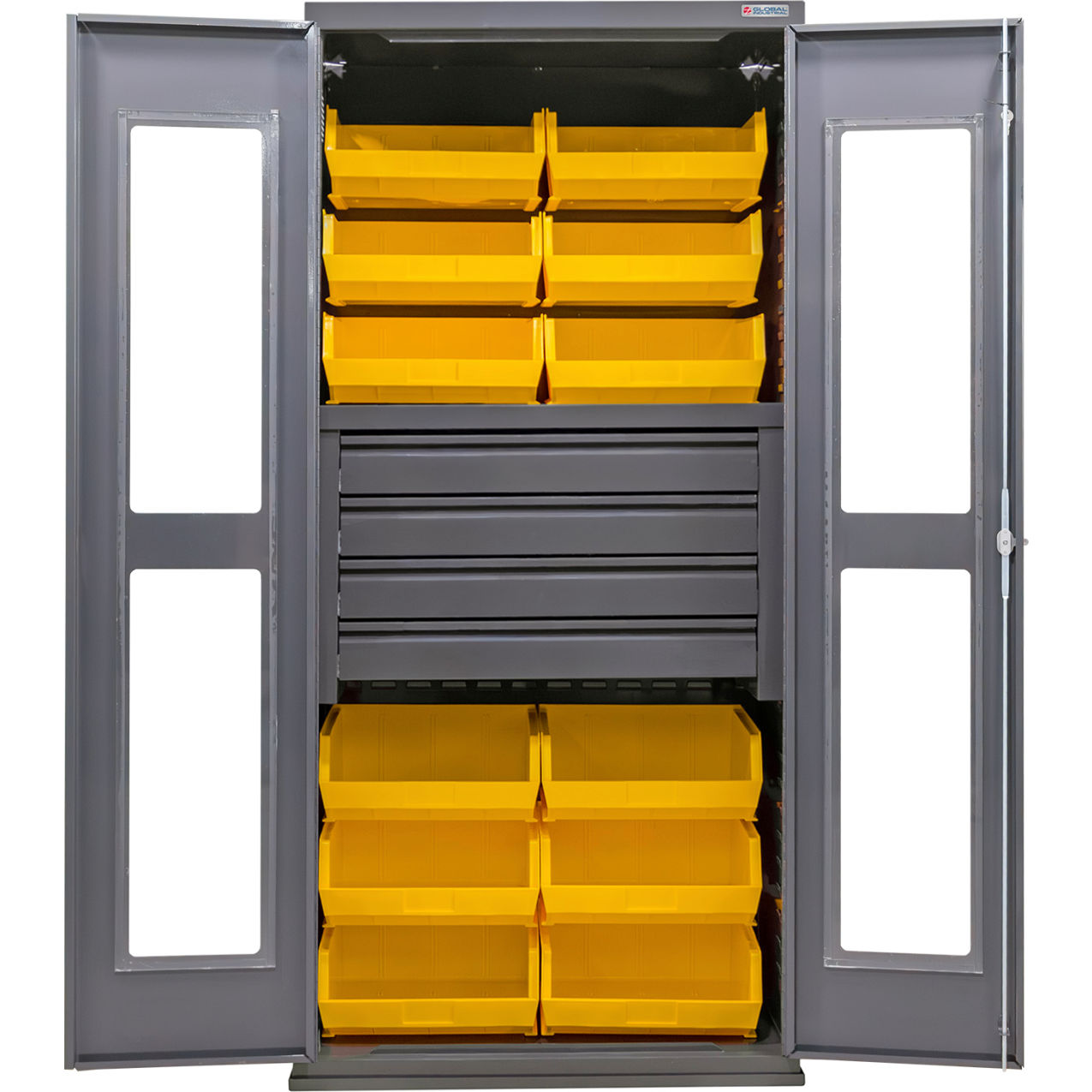 Clear-View Configurable Drawer Cabinet, 36"Wx24"Dx78"H, 4 Drawers, 12 Yellow Bins