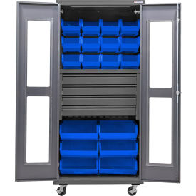 Clear-View Configurable Mobile Bin Cabinet, 36"x24"x85", 4 Drawers, 66 Blue Bins