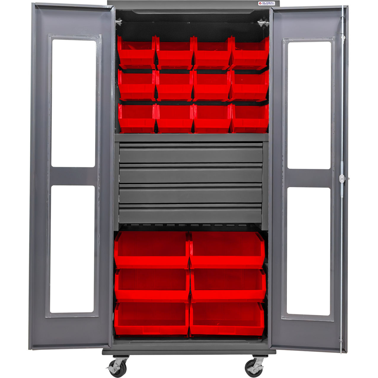 Clear-View Configurable Mobile Bin Cabinet, 36"x24"x85", 4 Drawers, 66 Red Bins