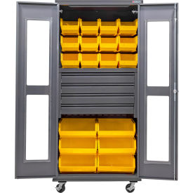 Clear-View Configurable Mobile Bin Cabinet, 36"x24"x85", 4 Drawers, 66 Yellow Bins