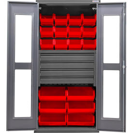 Clear-View Configurable Drawer Cabinet, 36"Wx24"Dx78"H, 4 Drawers, 66 Red Bins
