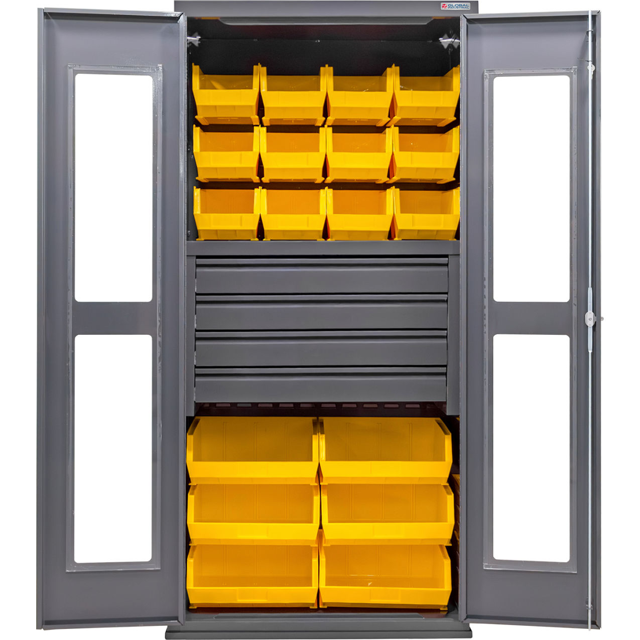 Clear-View Configurable Drawer Cabinet, 36"Wx24"Dx78"H, 4 Drawers, 66 Yellow Bins
