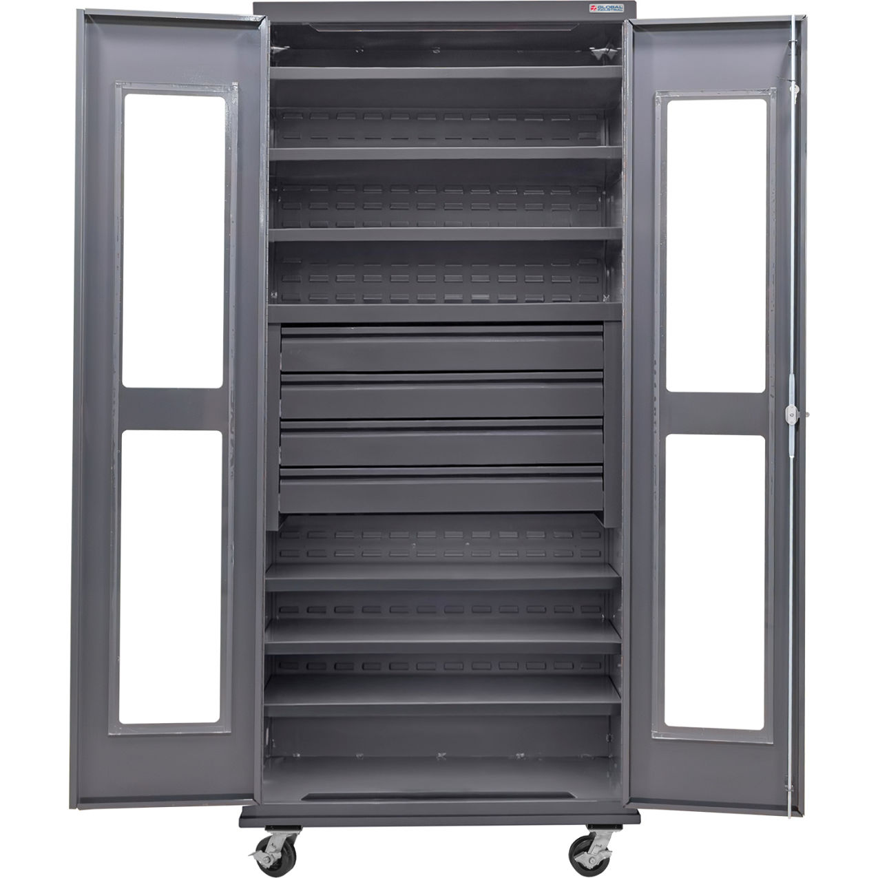 Clear-View Configurable Mobile Drawer Cabinet, 36"x24"x85", 6 Shelves, 4 Drawers