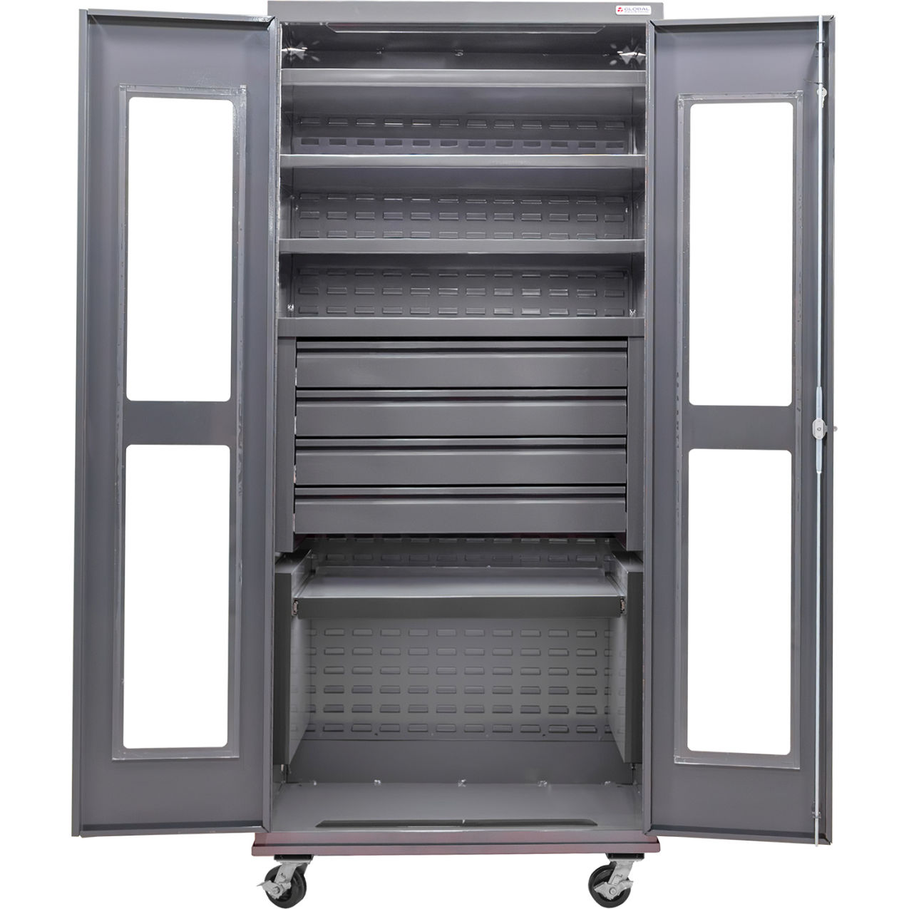 Clear-View Configurable Mobile Drawer Cabinet, 36"x24"x85", 5 Shelves, 4 Drawers