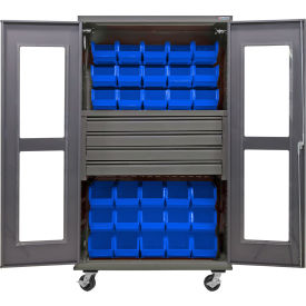 Clear-View Configurable Mobile Bin Cabinet, 48"x24"x85", 4 Drawers, 36 Blue Bins