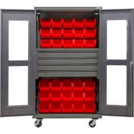 Clear-View Configurable Mobile Bin Cabinet, 48"Wx24"Dx85"H, 36 Red Bins