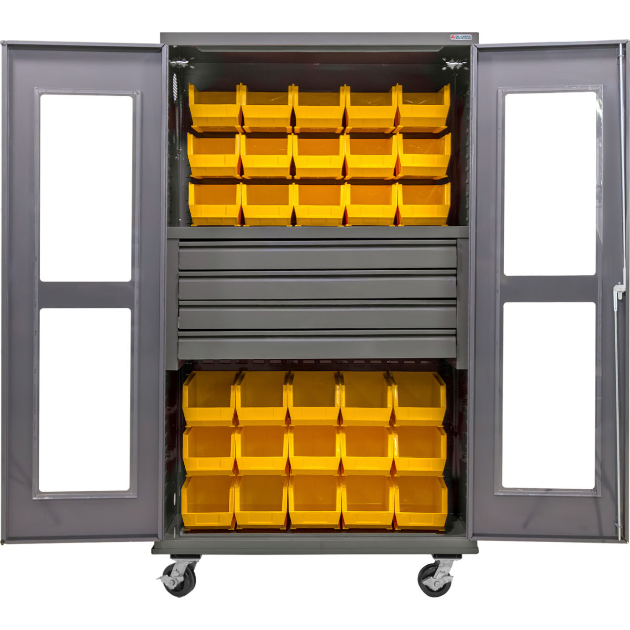 Clear-View Configurable Mobile Bin Cabinet, 48"Wx24"Dx85"H, 36 Yellow Bins
