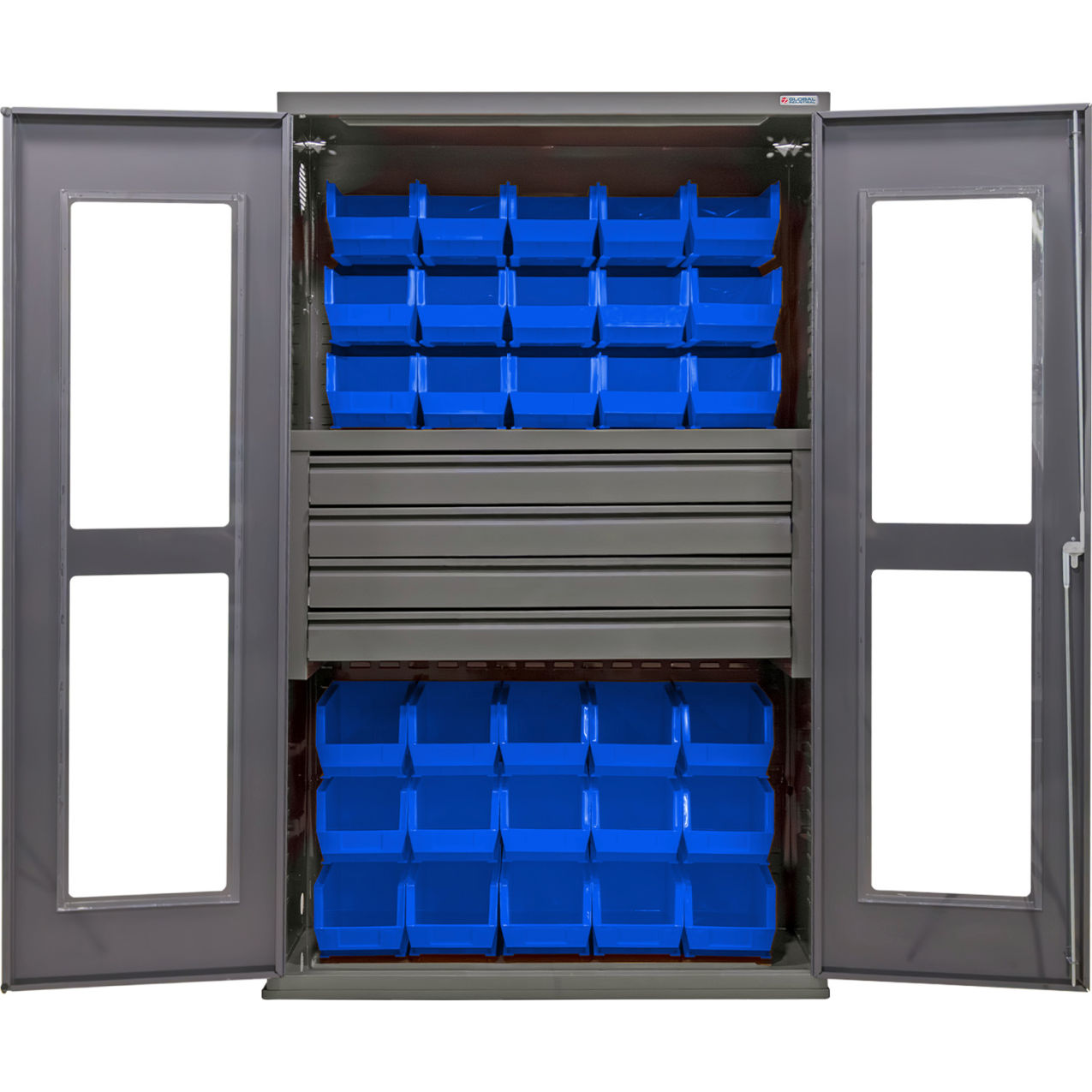 Clear-View Configurable Bin Cabinet, 48"Wx24"Dx78"H, 4 Drawers, 36 Blue Bins