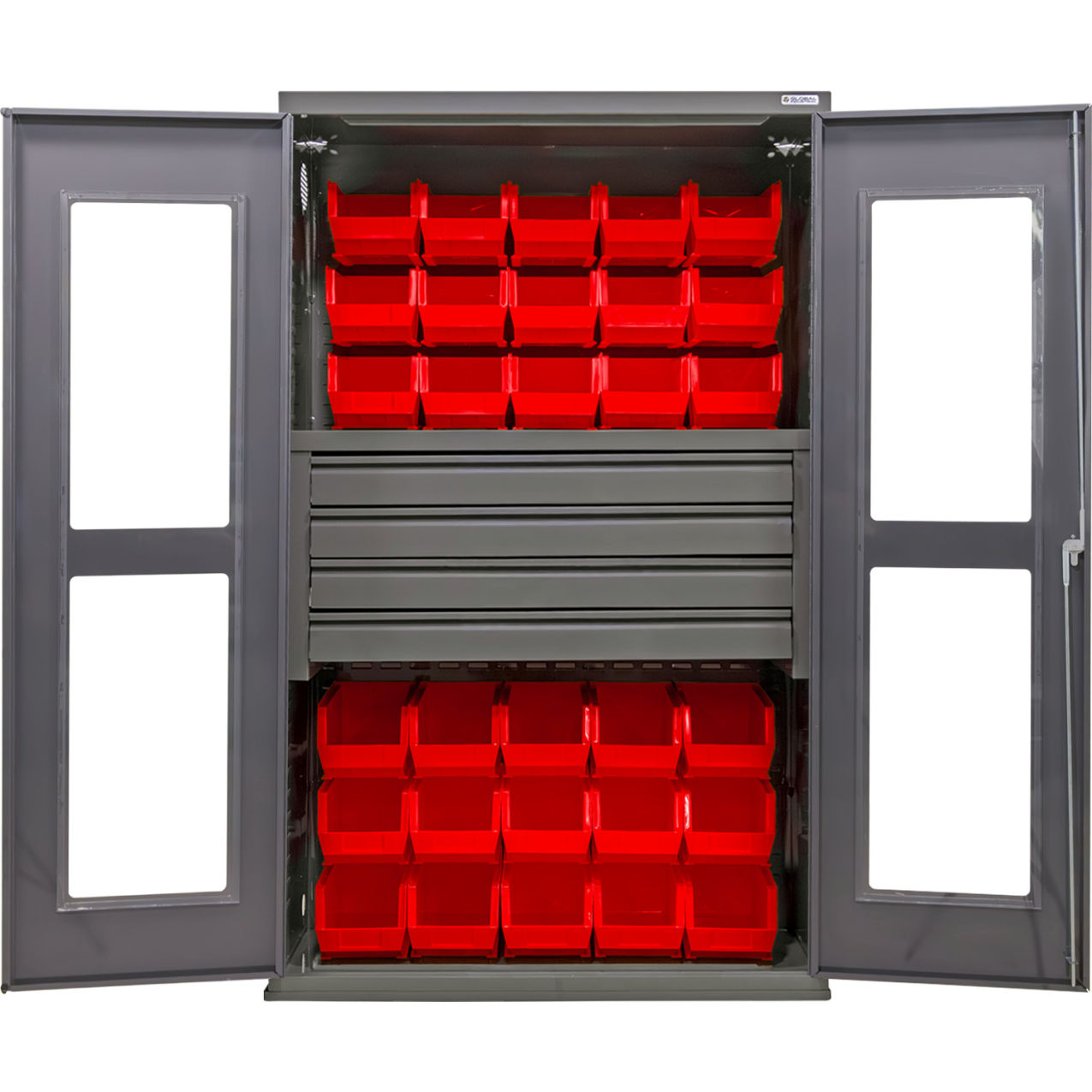 Clear-View Configurable Drawer Cabinet, 48"x24"x78", 4 Drawers, 36 Red Bins