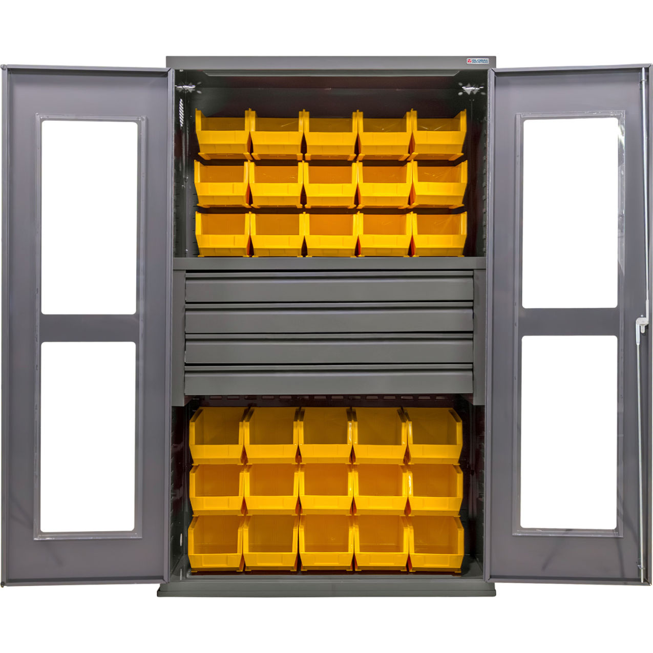 Clear-View Configurable Drawer Cabinet, 48"x24"x78", 4 Drawers, 36 Yellow Bins