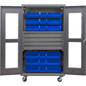 Clear-View Configurable Mobile Bin Cabinet, 48x24x85, 4 Drawers, 24 Blue Bins
