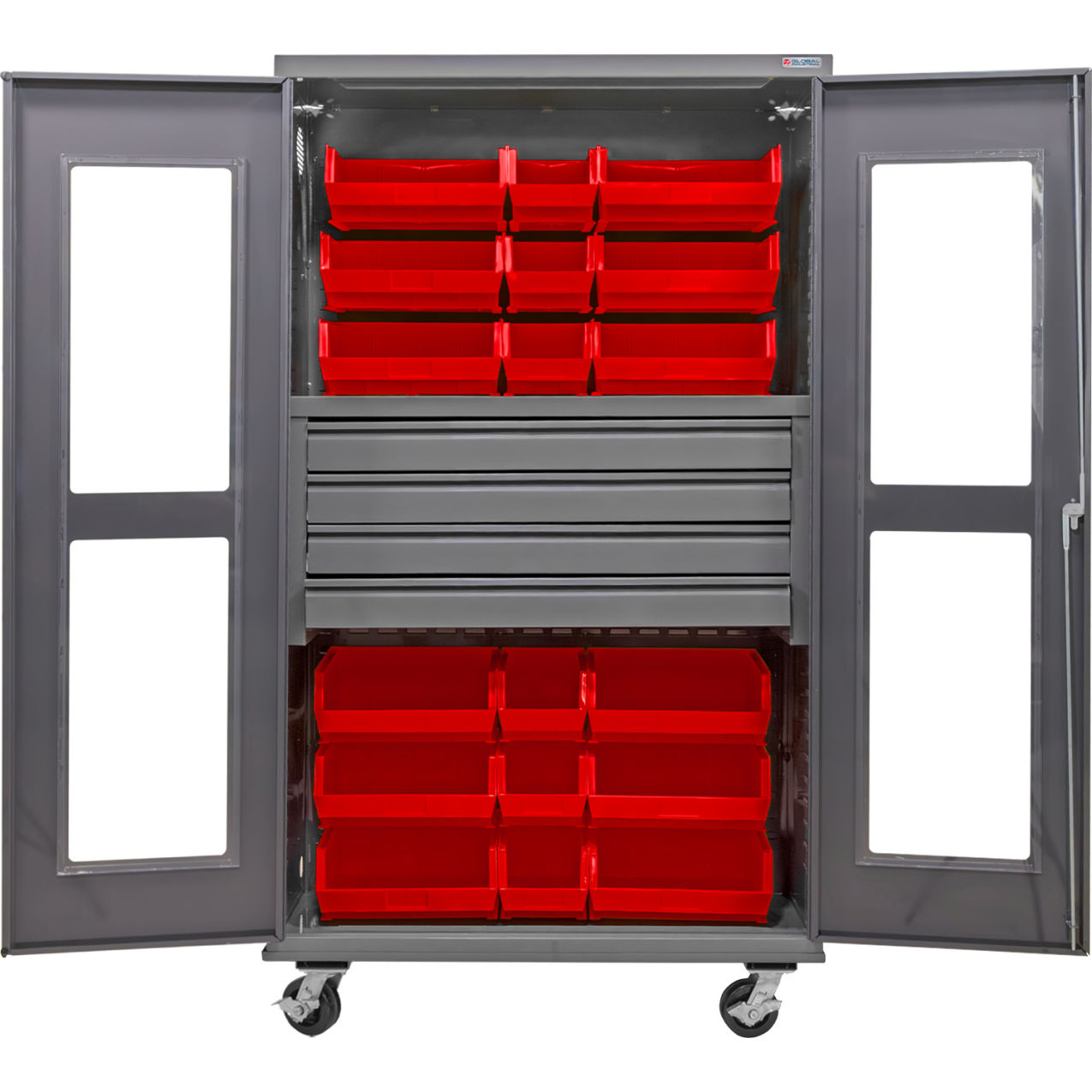 Clear-View Configurable Mobile Bin Cabinet, 48x24x85, 4 Drawers, 24 Red Bins