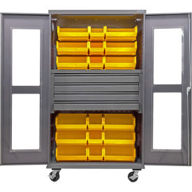 Clear-View Configurable Mobile Bin Cabinet, 48x24x85, 4 Drawers, 24 Yellow Bins