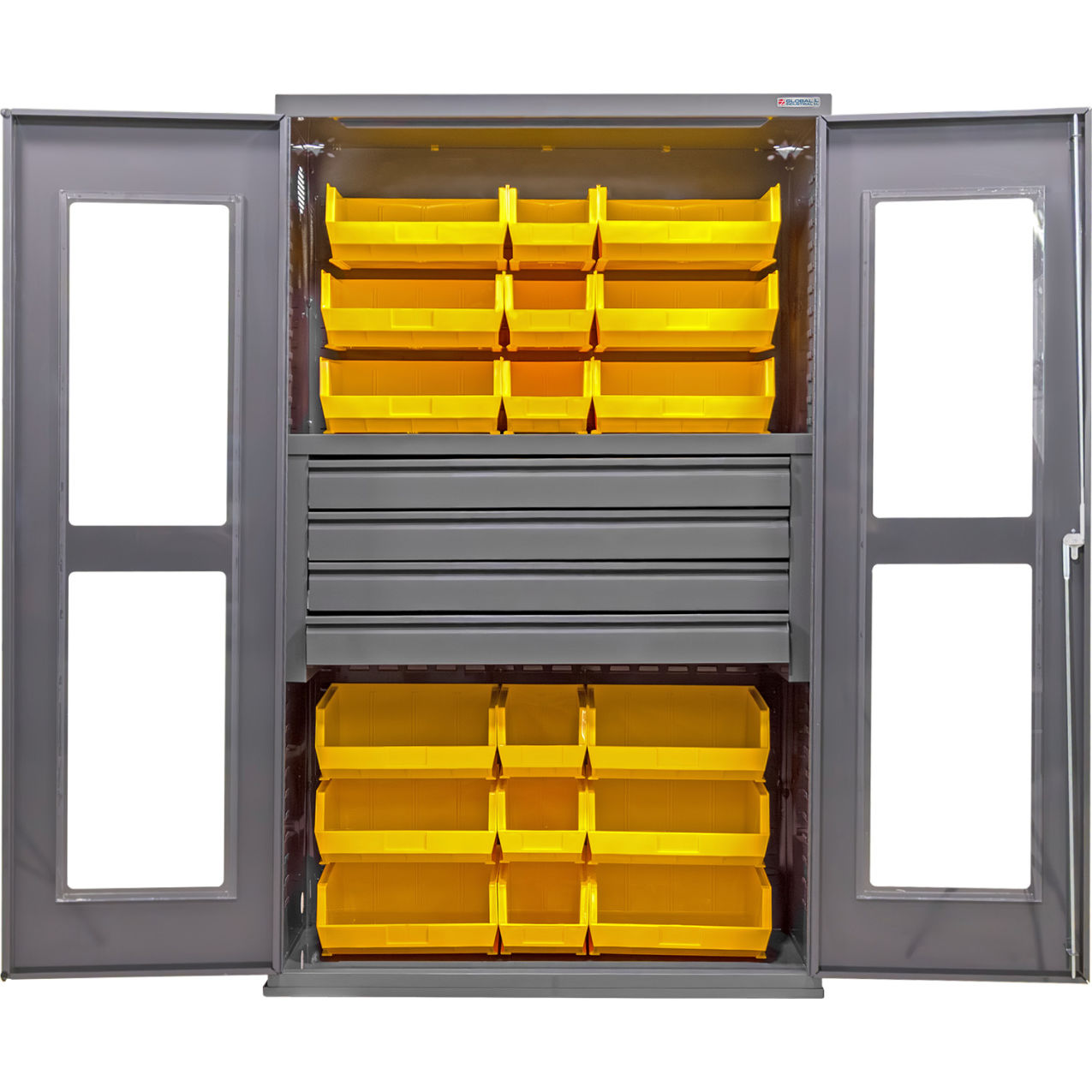 Clear-View Configurable Drawer Cabinet, 48"Wx24"Dx78"H, 4 Drawers, 24 Yellow Bins