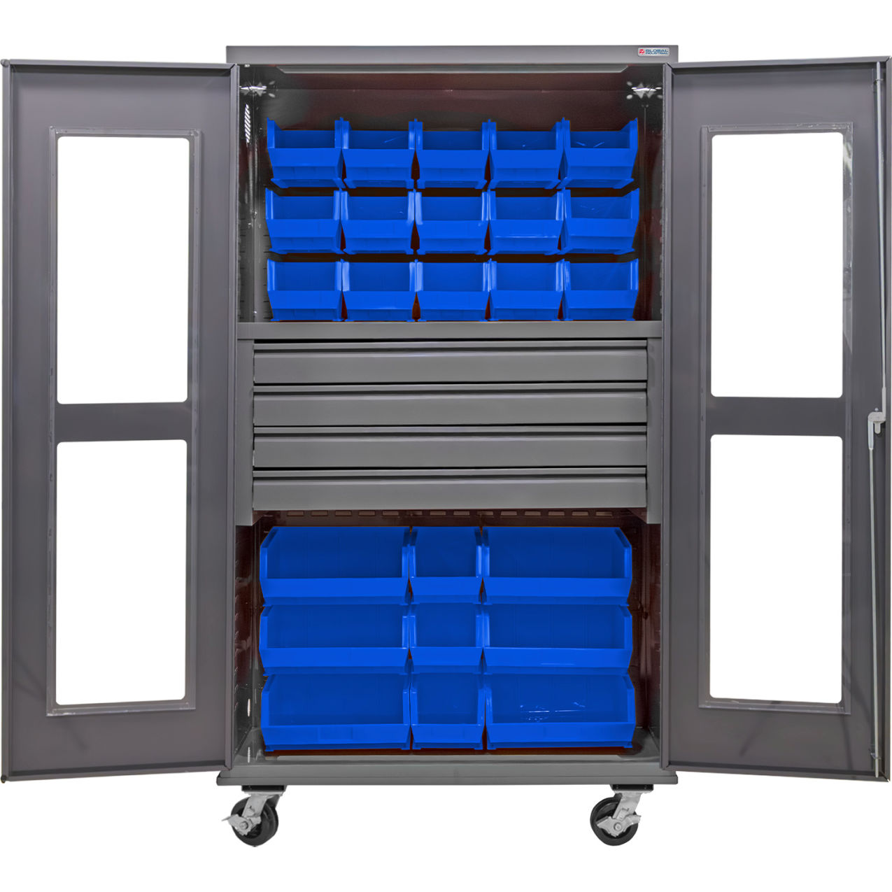Clear-View Configurable Mobile Bin Cabinet, 48"x24"x85", 4 Drawers, 102 Blue Bins