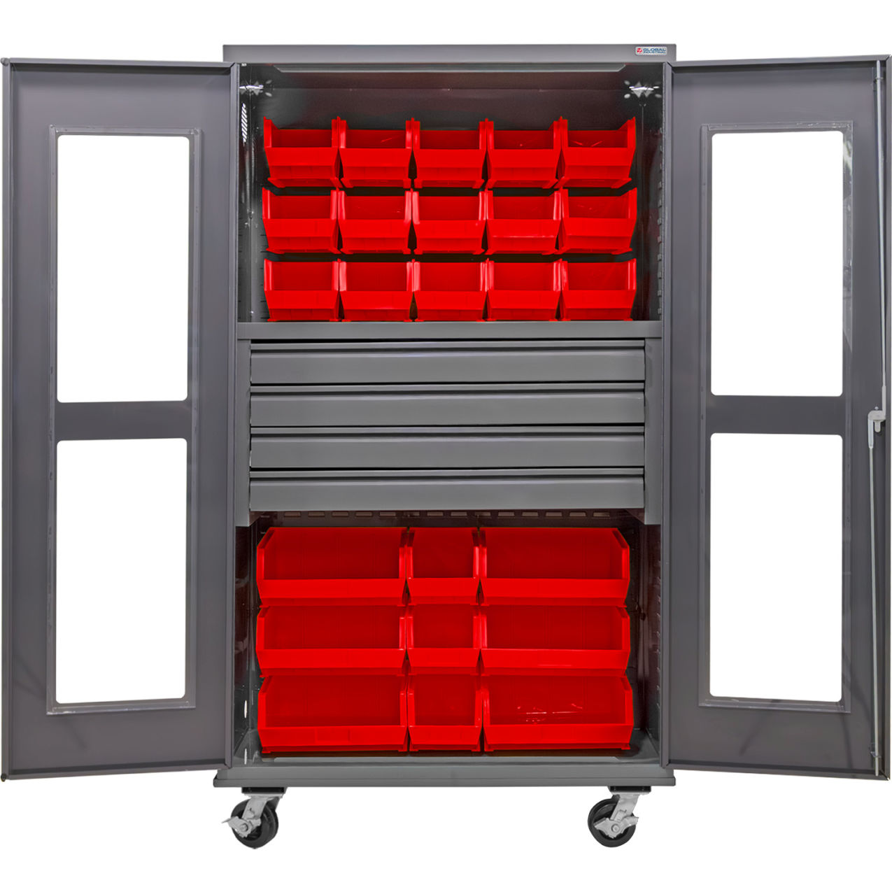 Clear-View Configurable Mobile Bin Cabinet, 48"x24"x85", 4 Drawers, 102 Red Bins