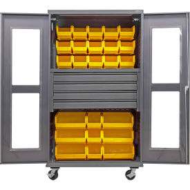 Clear-View Configurable Mobile Bin Cabinet, 48"x24"x85", 4 Drawers, 102 Yellow Bins