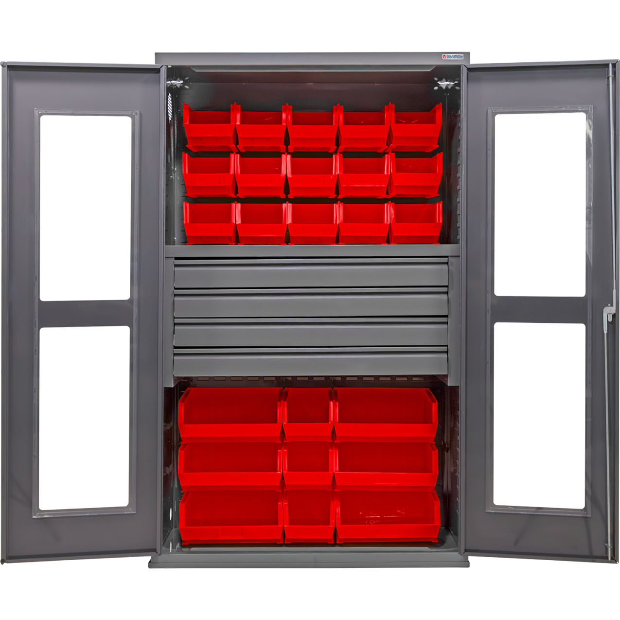 Clear-View Configurable Drawer Cabinet, 48"Wx24"Dx78"H, 4 Drawers, 102 Red Bins