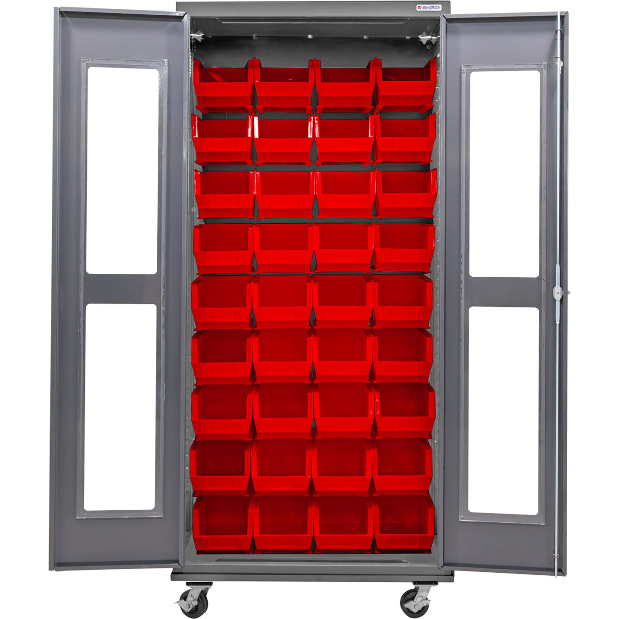 Clear-View Configurable Mobile Bin Cabinet, 36"W x 24"D x 85"H, 36 Red Bins