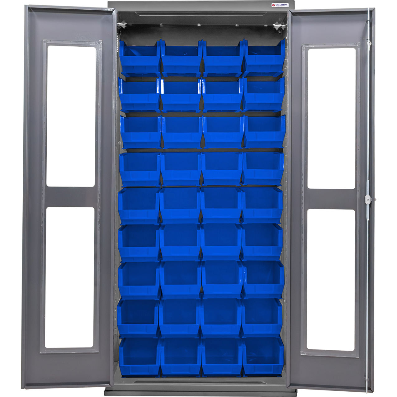 Clear-View Configurable Bin Cabinet, 36"W x 24"D x 78"H, 36 Blue Bins