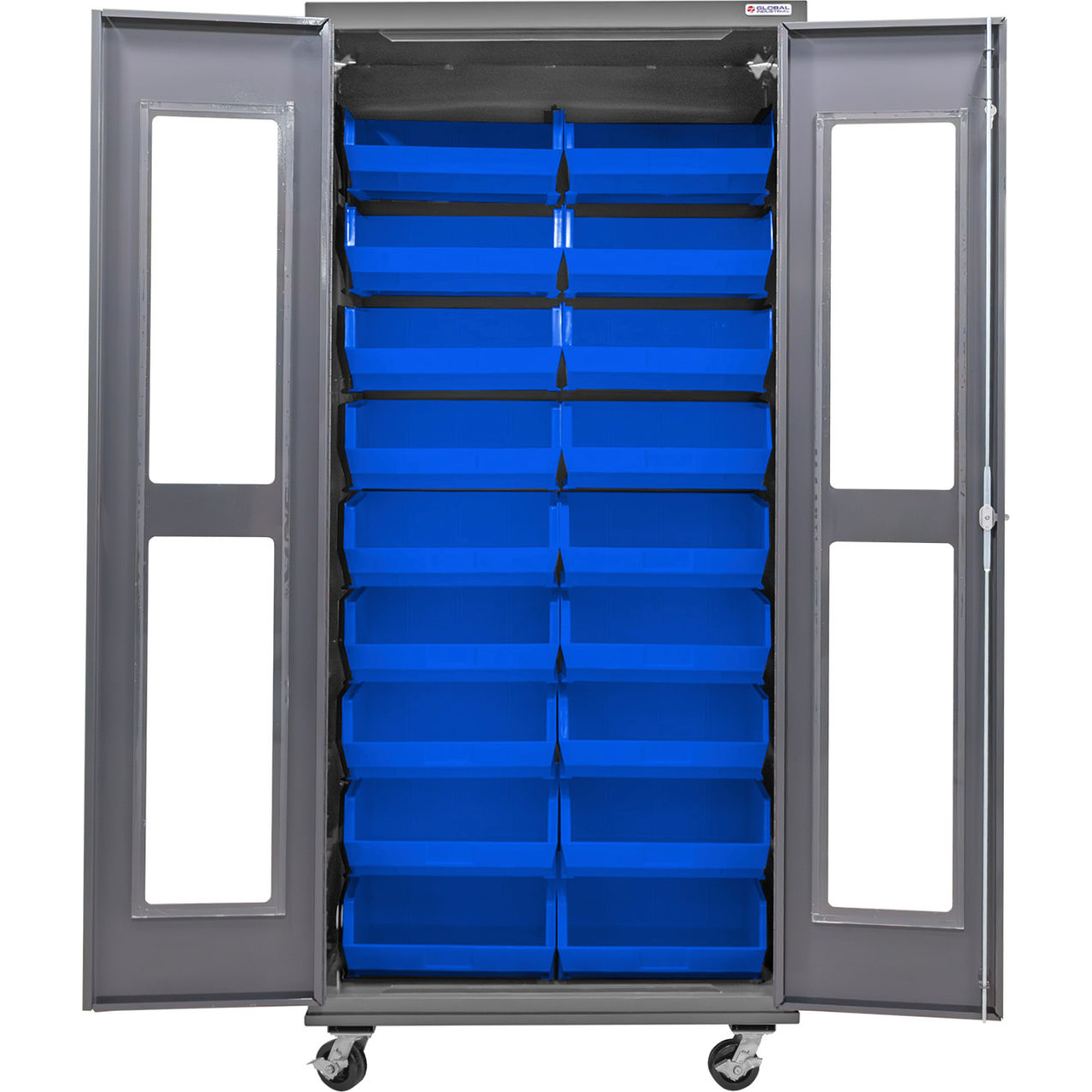 Clear-View Configurable Mobile Bin Cabinet, 36"W x 24"D x 85"H, 18 Blue Bins