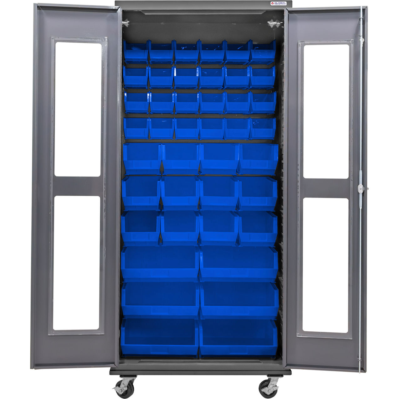 Clear-View Configurable Mobile Bin Cabinet, 36"W x 24"D x 85"H, 42 Blue Bins