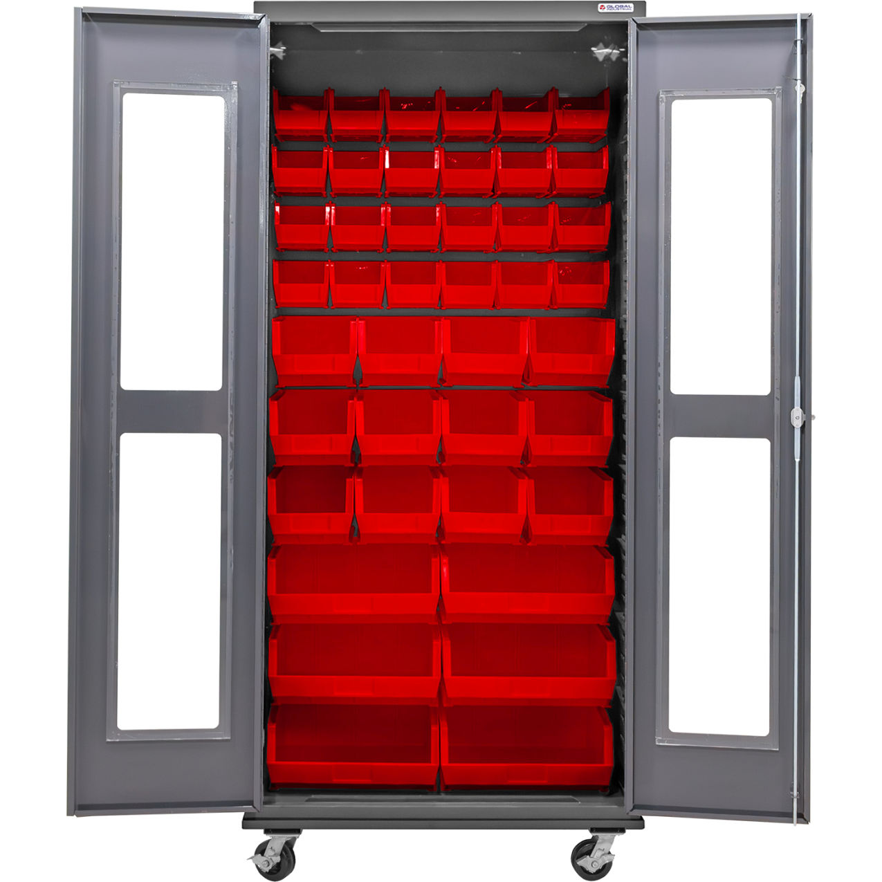 Clear-View Configurable Mobile Bin Cabinet, 36"W x 24"D x 85"H, 42 Red Bins