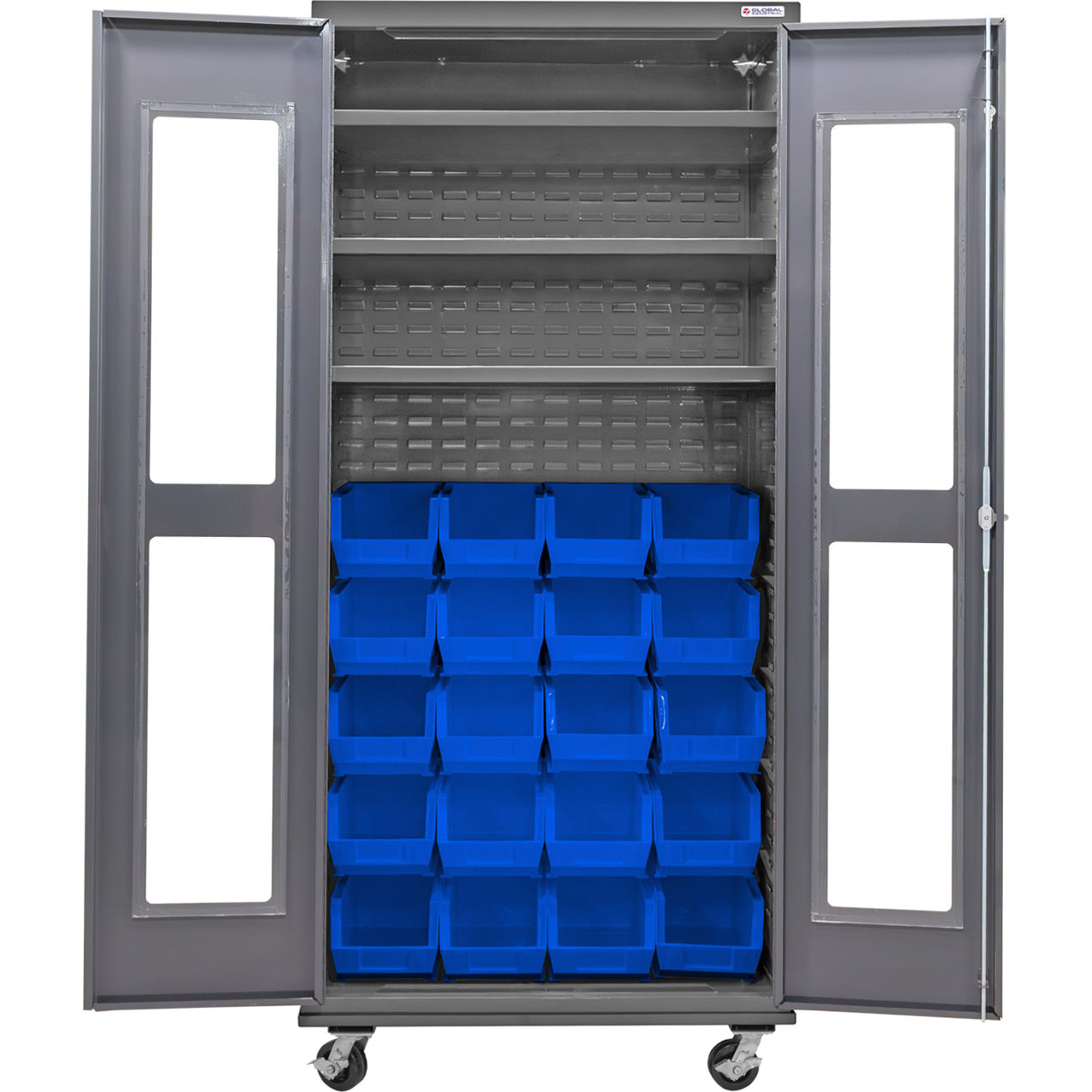 Clear-View Configurable Mobile Bin Cabinet, 36"x24"x85", 3 Shelves, 24 Blue Bins