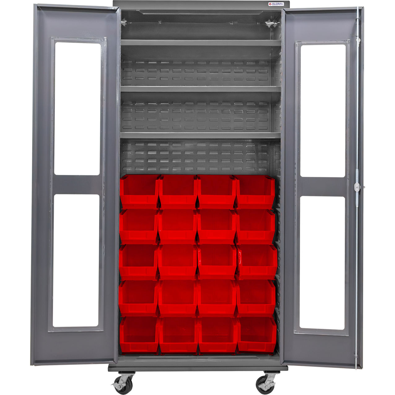 Clear-View Configurable Mobile Bin Cabinet, 36"x24"x85", 3 Shelves, 24 Red Bins