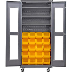 Clear-View Configurable Mobile Bin Cabinet, 36"x24"x85", 3 Shelves, 24 YLW Bins