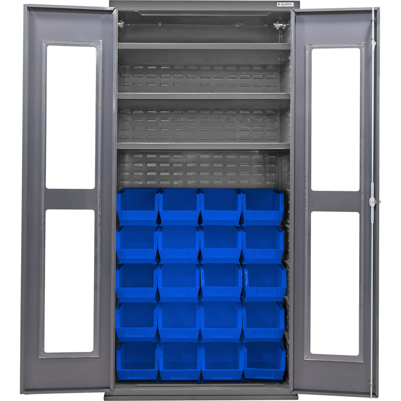 Clear-View Configurable Bin Cabinet, 36"Wx24"Dx78"H, 3 Shelves, 24 Blue Bins