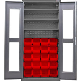 Clear-View Configurable Bin Cabinet, 36"Wx24"Dx78"H, 3 Shelves, 24 Red Bins