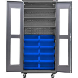 Clear-View Configurable Mobile Bin Cabinet, 36x24x85, 3 Shelves, 12 Blue Bins